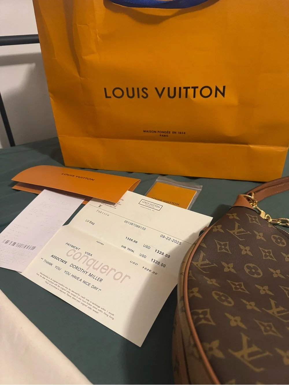 Louis Vuitton style Brown Monogram Crescent Shoulder Bag with Gold Chain